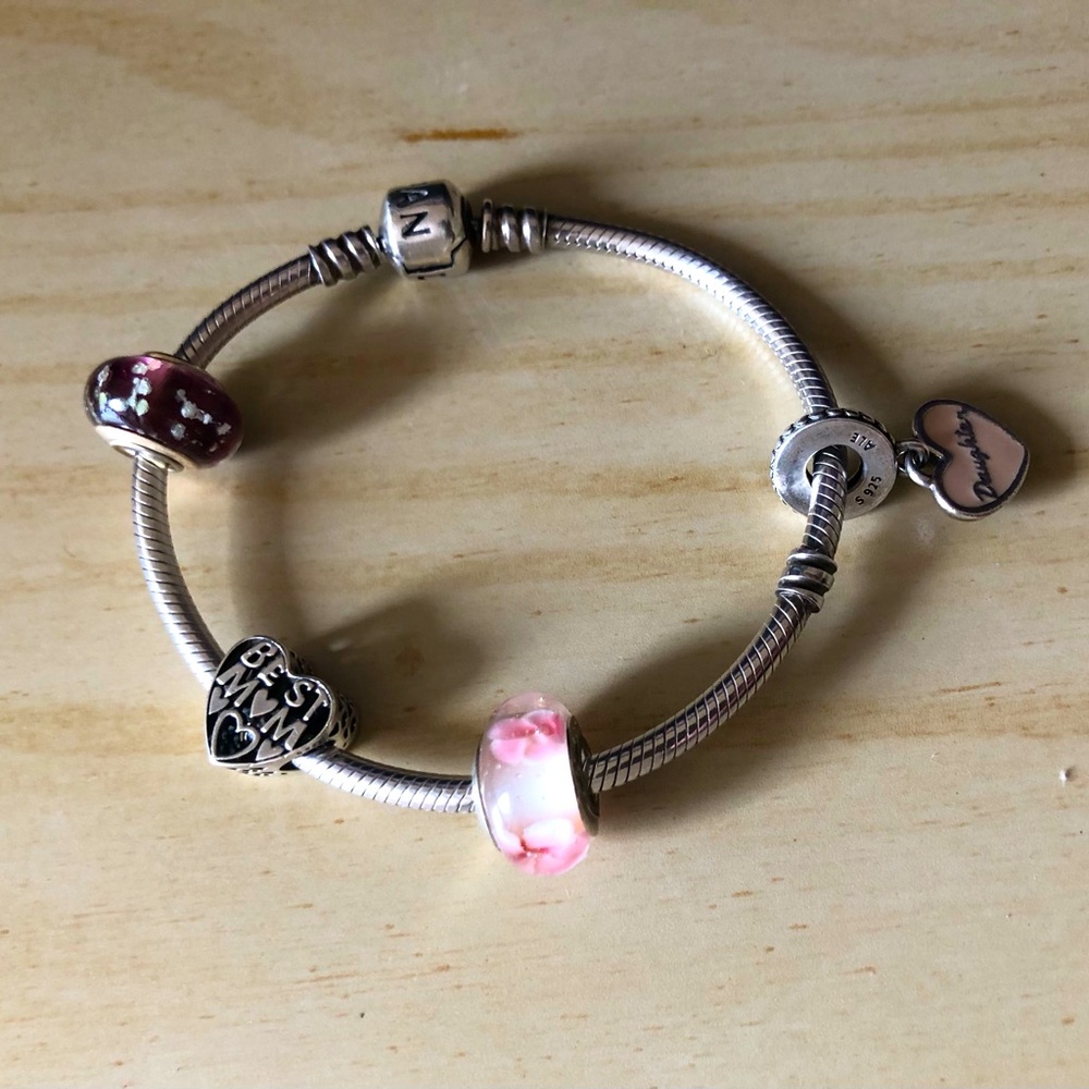 Pandora Moments Sterling Silver Snake Chain Bracelet with four charms